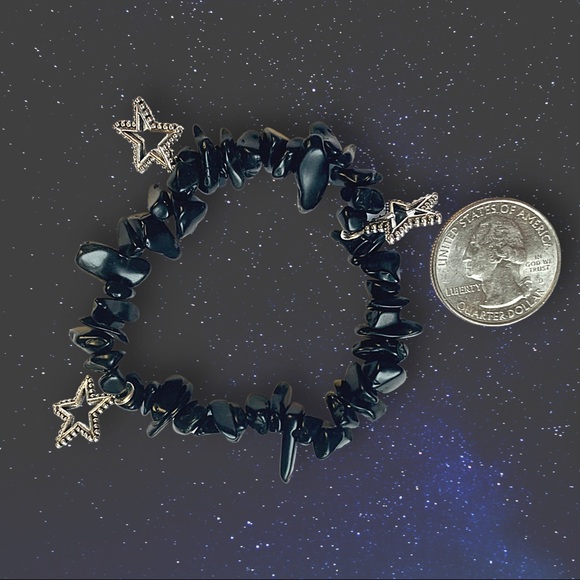 ⭐️ Gemstone Black Obsidian Stars Chip Stretch Bracelet - Picture 2 of 4